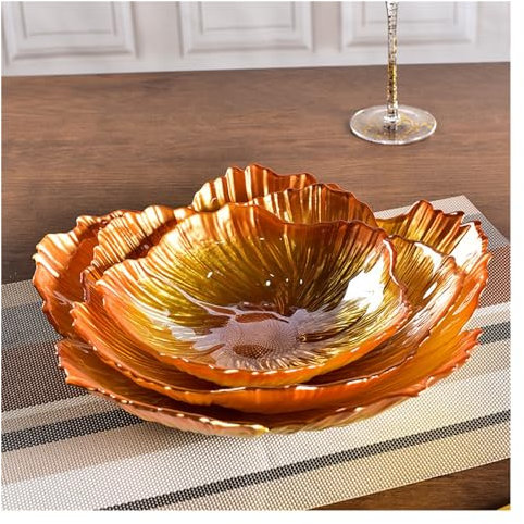 Yinj9562fg Fruit Bowl Nordic Style Modern Flower Shape Fruit Plate 3 Sets Household Crystal Glass Pearlescent White Simple Snack Storage Plate Large Capacity Fruit Plate(Orange-A)