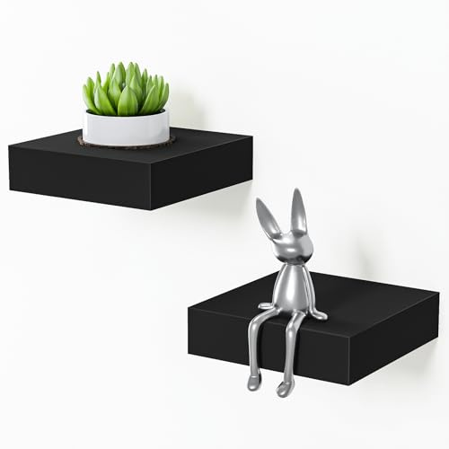 BAMEOS Small Black Floating Shelves - 15cm x 14cm Display Ledges for Wall Decor, Mini Wall Shelf, Set of 2, Black