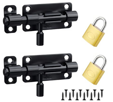 2 Stück Edelstahl Türriegel aus 304 Stahl Schwarzer Sicherheitsriegel mit Schiebeschloss & Bolzenriegel, inkl 12 Montageschrauben Kleinem Riegelschloss für Garten, Lagerhaus, Fenster, Zaun Zimmertüren