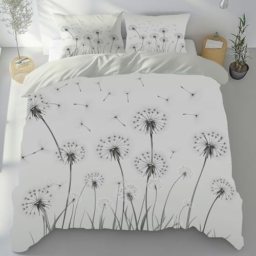 Pusteblume Bettwäsche 135x200 cm, Wildpflanzen Löwenzahn Bettbezug 3 Teilig | Bügelfrei, Einfach Schwarz Weiß Bettwäsche Set, Wendebettwäsche mit Reißverschluss und 2 Kissenbezug