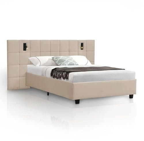 Juskys Polsterbett 140x200 cm Luzano - Bett mit LED, Lattenrost & Kopfteil - Modernes Bettgestell aus Holz & Samt - Doppelbett, Samtbett - Beige