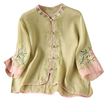 Linen Shirts for Women Clearance Ladies Summer Tops Floral Embroidered 3/4 Sleeve Boho Tops Dressy Casual Blouses Elegant Tunic Shirts Loose Flowy Tees Spring Summer Outfits