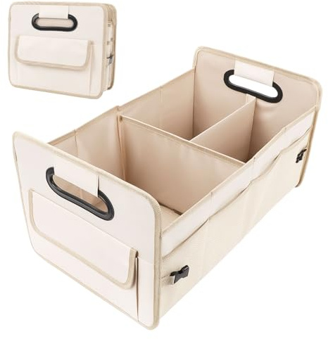 Auto Organizer Kofferraum, Kofferraumtasche mit Fächern, Autobox Kofferraum Faltbar mit Griff, Auto Aufbewahrung Organizer für Camping, Einkaufenf (Beige)