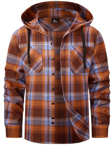 ZITY Men's Lumberjack Shirts Long Sleeve Checked Flannel Tops Casual Plaid Shirts Hoodie Button Down Lumberjack Shirt with Pocket M-3XL Orange Blue