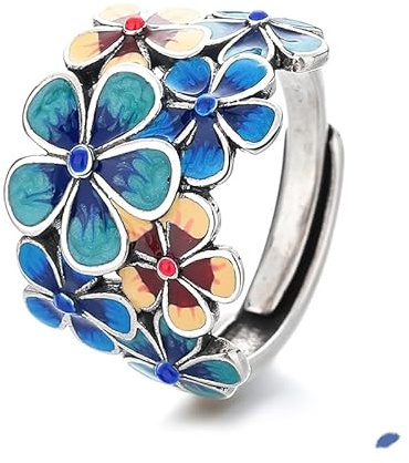 925 Sterling Silber Blumenmuster Emaille Statement Ring für Frauen Blau Blüte Blütenblatt Hochzeit Engagement Charm Classics Rings Cocktail Party Art Deco Stapelbar einstellbarer Ring, Ke-HR670-RS02