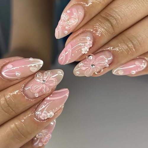 Ceboic 24 Stück Press on Nails Mandel, Mittel Lang Rosa Gradient Nägel zum Aufkleben, French Künstliche Nägel mit 3D Blumen Perlen Design, Full Cover Acryl Kunstnägel Fake Nails für Frauen Mädchen