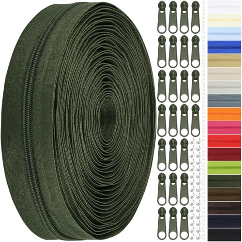 Endlos Reissverschluss mit Zipper, 3mm 11m Nylon Endlosreißverschluss Meterware und 25 Zipper aus Metall für Kleidung Tasche Mäppchen Bettwäsche (Armeegrün, #3)