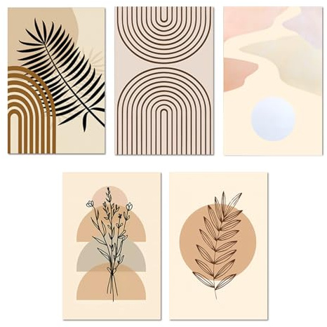 Queltrix Minimalistische Geometrische Wandbilder 5er Set 20x30 Hochformat - Boho Abstrakte Grüne Pflanzen Leinwand Bilder | Ohne Rahmen für Schlafzimmer, Wohnzimmer - Modern Wanddekoration
