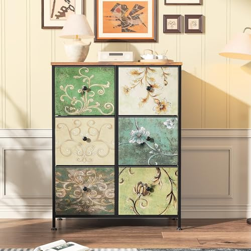 SUNFECILI Kommode mit Schubladen aus Stoff, Schlafzimmerkommode Vintage-Aufbewahrungsmöbel, Sideboard, Retro-Blumenmuster, Schubladenschrank für Küche Büro Flur Wohnzimmer (6 Schublade)