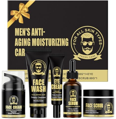 Gesichtspflege Set für Männer, Skincare Set Herren, Sanfe Reinigung und Pflegend Hautpflege Herren Geschenke Set, 5-teilig inkl. Reinigung, Peeling, Augencreme, Serum, Feuchtigkeitscreme