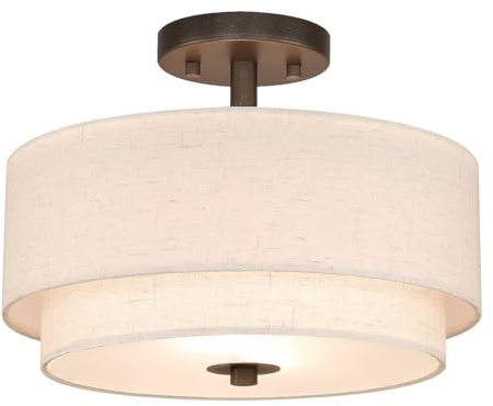 XiNBEi Lámpara de Techo Semi Empotrada de 2 Luces, Lámpara de Techo de Bronce Oscuro Moderna de Doble Tambor con Pantalla de Tela de Lino para Pasillo, Dormitorio y Cocina NL-SF1289-13DB