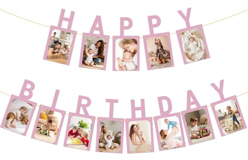 Geburtstagsfoto-Banner, Kraft Happy Birthday Foto Rahmen Girlande für Kinder und Erwachsene Partydekoration (Lila)