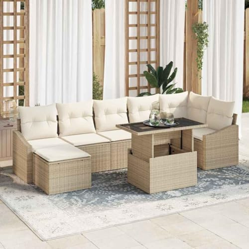 GeenYuu Juego de sofás de jardín con cojines y espacio de almacenamiento, 8 piezas, color beige y crema, polirratán, resistente a la intemperie, modular, para terraza, balcón, piscina, con patas