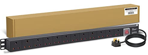 Dynamode Extension Lead - 12 Way Switched Power Distribution Unit (PDU) for Data Cabinet, Server Rack, Office - 1.8m Vertical Extension Cable with UK Plug & Surge Protection for Cable Management