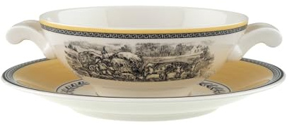 Villeroy & Boch Audun Ferme Suppentasse mit Untertasse, 2-teilig | für 1 Person, 220 ml, Kupferstich-Stil, Premium Porzellan, Weiß/Grau/Gelb