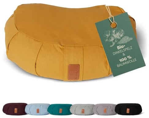 #DoYourYoga Zafu Halbmondkissen »Ganesh« mit Bio-Dinkelspelz (KBA) waschbarer Bezug | 45 x 30 x 14 cm | Meditations-, Sitz-, Rondokissen für Yin Yoga | Indischgelb