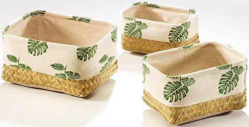 Kobolo Dekoschale eckig Flechtschale aus Seegras mit Textileinsatz Blattmuster