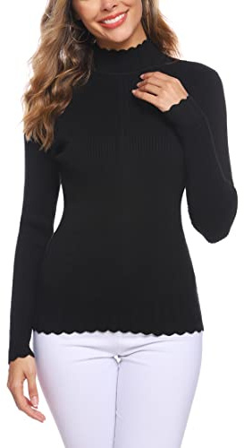 Sykooria Femme Sweater Sweatshirt Manche Longue Slim Fit Col Roulé Pullover Pull en Tricot Elegant Rippstrick Basic Tops Noir M