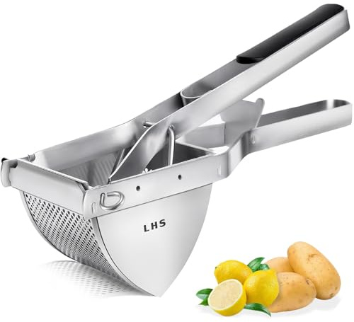 LHS Stainless Steel Potato Ricer and Masher, Heavy Duty Commercial Food Masher, Ergonomic Comfort Grip, Extra Large Capacity, Dishwasher Safe (Black)