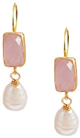 Rosenquarz Barockperlen Ohrhänger Ohrring Messing Vergoldet ca. 4,3 cm lang + Geschenkbeutel + Geschenkbox