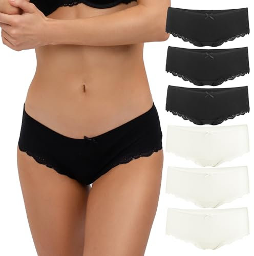 Fabio Farini - 6er Set Brazilian Slip Damen Unterhosen aus Baumwolle, Hipster Pantys mit Spitze, Unterwäsche für Frauen im Mehrpack, 3X Schwarz/3x Creme-Weiß S