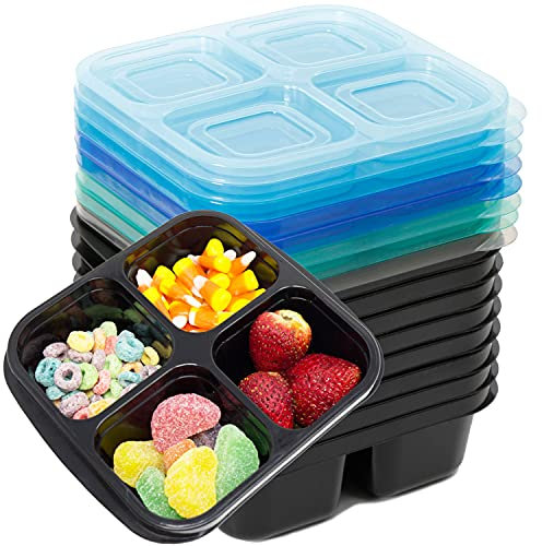 Youngever 8 Pack 4-Compartment Re-usable Snack Box Food Containers, Bento Lunch Box, Meal Prep Containers, Divided Food Storage Containers, in 8 Coastal Color