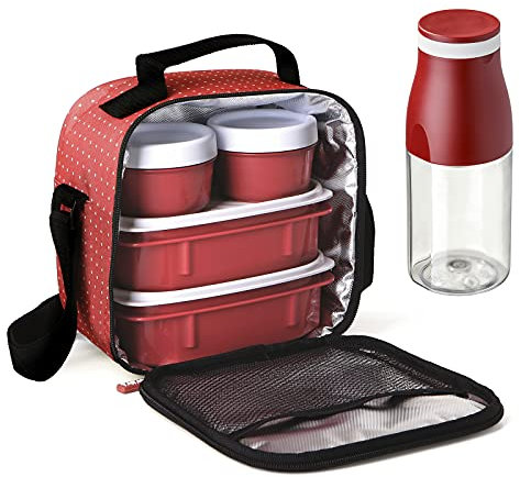 PracticFood Kit Urban Food Casual - Bolsa Térmica Porta Alimentos con Tapers Herméticos (Drink Dots Rojo)