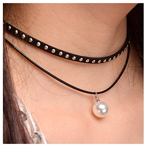 Dervivea Bohème Schwarzes Halsband Choker Halskette Perlenanhänger Choker Halskette Geschichtetes Leder Halskette Kette Gothic Punk Nieten Choker Halskette Schmuck Für Frauen Und Mädchen