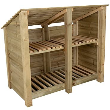 Wooden log store 4ft (W-146cm, H-126cm, D-88cm), natural finish (With kindling shelf (Reverse roof))
