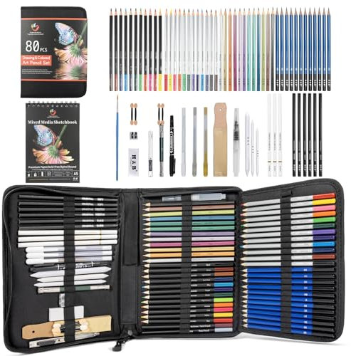H & B Skizzierstifte Set,80 Stück Zeichenstifte Set Professionelle Zeichenset mit 3 Farben Skizzenbuch, Malbuch, Zeichnung Sets für Erwachsene, Künstler, Kinder, Anfänger (Schwarz)