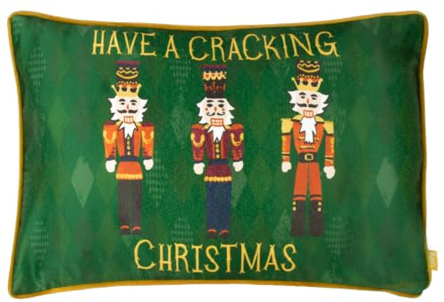 furn. Nutcracker Feather Filled Cushion (Green - 30x50cm) | Christmas Soldiers Velvet Diamond Contrast Piping Festive Seasonal Pillow