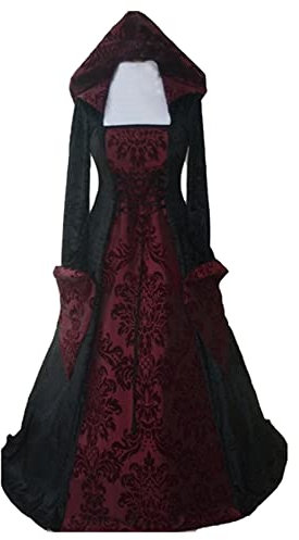 Robe Gothique pour Femme - médiévale Vintage avec Capuche - Princesse Renaissance Cosplay Robe de fête Halloween Costume de Carnaval - Rouge - S