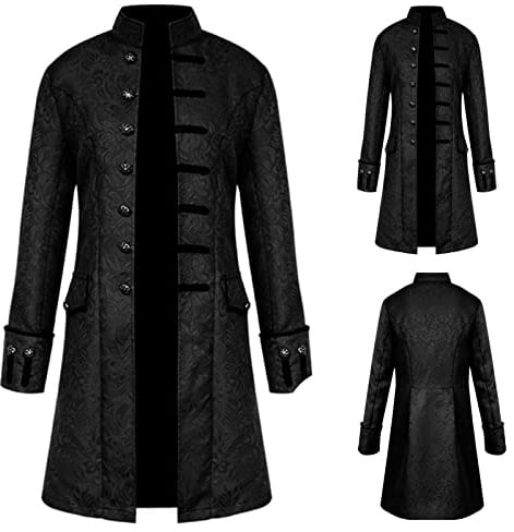 TTOKGZG Steampunk Medieval Vintage Coat Men, Gothic Single Breasted Trench Coat long,Halloween Tailcoat Costume, Medieval Victorian Frock Uniform for Steampunk-Themed & Halloween Party (Black, L)