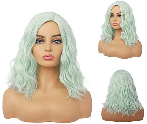 Salomezklm Kurze Bob Wellige Lockige Perücke Hellgrün Perücken Für Frauen,Cosplay Halloween Perücke Hitzebeständige Kunstfaserperücken für Mädchen Cosplay Perücke 14 Zoll (Grün)