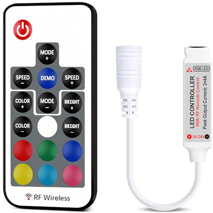 VIPMOON DC 5V-24V 12A Mini RGB LED Controller with 17-Key RF Wireless Remote Control Dimmer for 5050 3528 5630 LED Strip Lights