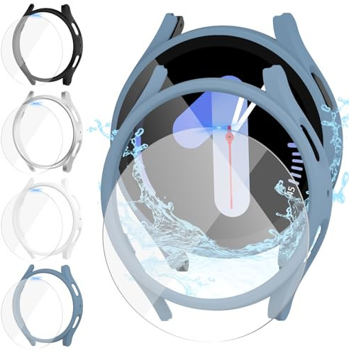 Jvchengxi [4+4Piezas Funda Protectora Mate 44mm para Samsung Galaxy Watch 5 & 4, PC Funda Protector + Dureza 9H Antiarañazos Protector de Pantalla de Cristal Templado (Azul+Blanco+Negro+Plata)