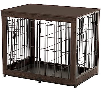 Piskyet Hundekäfig-Möbel aus Holz mit Trennwand, Beistelltisch für Hundekäfige mit fixierbarer Rutschschale, Hundehütten-Möbel, Hundehütte für mittelgroße Hunde (M: 80,8 cm L x 56,1 cm B x 66,8 cm H,