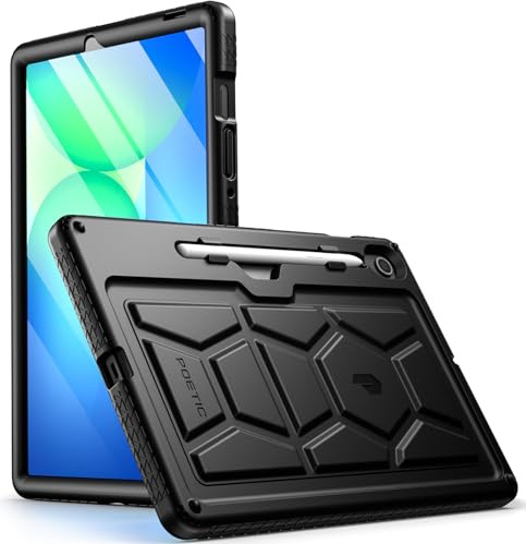 Poetic TurtleSkin - Custodia per Samsung Galaxy Tab S10 Lite/Tab S10 FE/Tab S9 FE | Fan Edition 11,9 pollici, custodia con portapenna, resistente, antiurto, in silicone, adatta ai bambini, colore nero