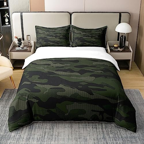 Loussiesd Camouflage 100% Baumwolle Bettbezug Double Size Camo Bettwäsche Baumwolle Bettbezug Set Militär Stil Grün Grau Tagesdecke Bezug