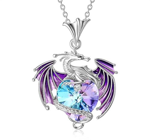 PLATYCO Drachen Kette 925 Sterling Silber Wyvern-Halskette mit herzkette Kristallschmuckgeschenk für Damen und Mädchen Dragon Necklace (02-Februar)