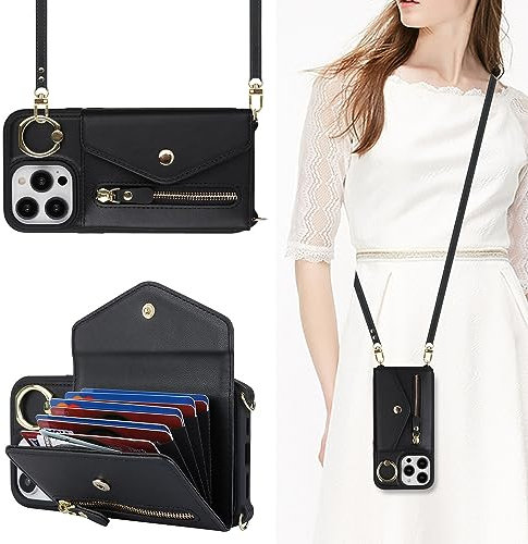 SailorTech iPhone 13 Pro Case with Zipper Credit Card Holder for Women, iPhone 13 Pro Phone Leather Case Ring Stand with Card Slots Kickstand Wallet Crossbody for iPhone 13 Pro-Black