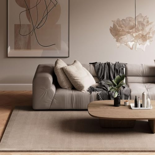 Grey Rug 100% Wool Thick Scandi Cosy Living Room Super Soft Bordered Shaggy Fluffy Rugs for Hall, Dining Room, Bedroom Area Medium 120cm x 170cm