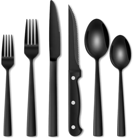 Terlulu 36 teiliges Edelstahl Besteckset mit Steakmesser Schwarz, Besteck Set 6 Personen, Elegantes Essbesteck Set mit Messer Gabel Löffel, Tafelbesteck für Haus/Party/Restaurant, Spülmaschinenfest