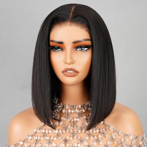 Echthaar Perücke Wear and Go Glueless Bob Wig Bleached knots Human Hair Wig For Black Women 6x6 Lace Front Wig Human Hair Pre Cut Lace Pre Bleached Tiny Knots Glueless Wig Natural Black Color(12inch)
