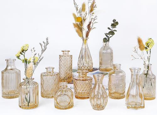 Lot de 12 mini vases à fleurs en verre pour centres de table, petits vases transparents en vrac pour décoration de mariage, vases vintage pour table, réception, décoration d'intérieur (ambre)