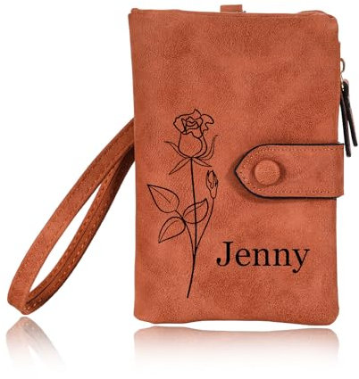 INBLUE Individuelle Leder Geldbörse für Frauen Geburt Blume mit Namen Damen Geldbörse Kleine Münze Geldbörse mit Handgelenk Strap Personalisiertes Geschenk für Muttertag Geburtstag - Braun