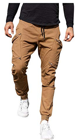 Mens Cargo Trousers Zipped Pockets: Mens Slim Fit Stretch Cargo Pants Outdoor Hiking Pants Elasticated Work Trousers for Men Mens Casual Cargo Joggers Trousers Gym Sports Jogging Bottoms Khaki