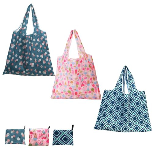 BAOWUABJ 3PCs Reusable Shopping Bags, Washable Grocery Bags | Foldable in a Pouch, Eco Tote Shopping Bag for Daily Groceries, Shopping, Travel, Space-Saving