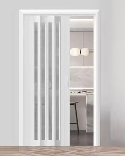 Concertina Door Frosted Acrylic Sliding Concertina Door with Handle, Space Saving Laundry Room Magnetic Accordion Roll up Screen Gate, PVC Pannel Room Divider(29x40in(73.5x101cm))