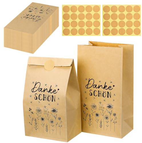 Vyuwast 40 Dankeschön Geschenktüten,13 x 24 cm Geschenk Kraftpapiertüten mit 40 Danke Aufkleber für Hochzeit, Gastgeschenke,Mitgebsel, Giveaways, Taufe, Konfirmation Kommunion